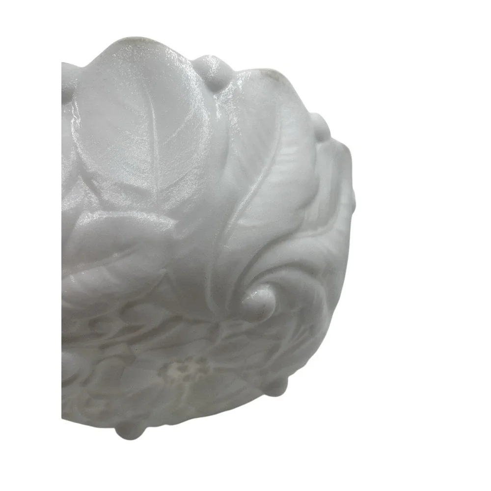 Vintage Milk Glass Bowl – Embossed‎ Leaf & Scroll Design – Ruffled Edge – 8.5